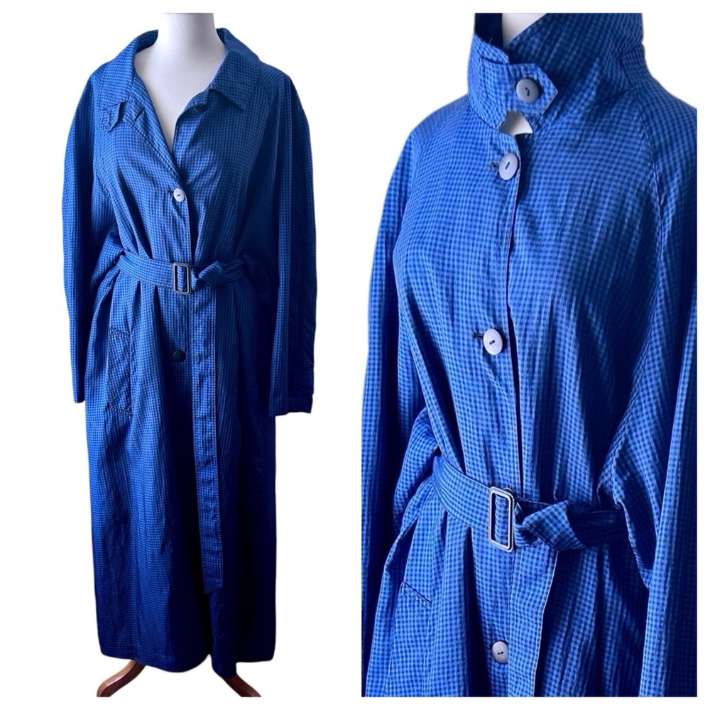 Vintage Nordstrom Oversized Blue Black Gingham Lined Trench Belted Raincoat - XL